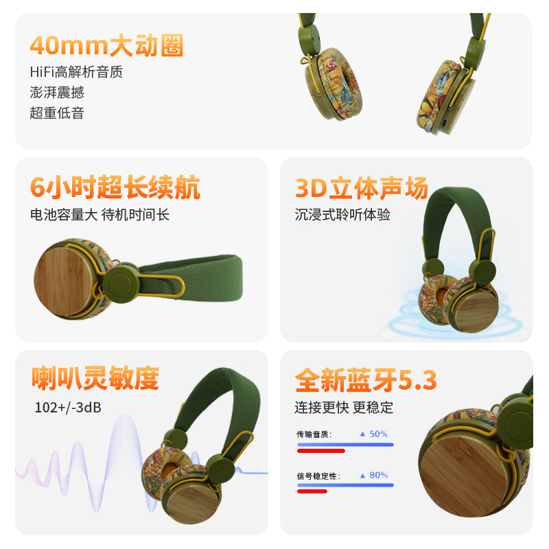 批发跨境热销竹子贴片立体声头戴式无线蓝牙耳机
